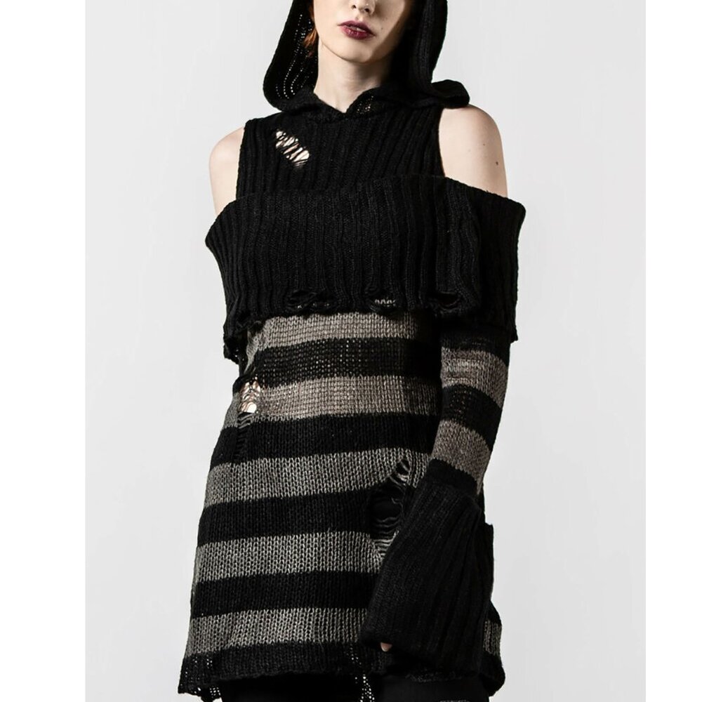 Killstar Gothic Shallow Grave Hooded Grey and Black Knit Sweater Size Small
